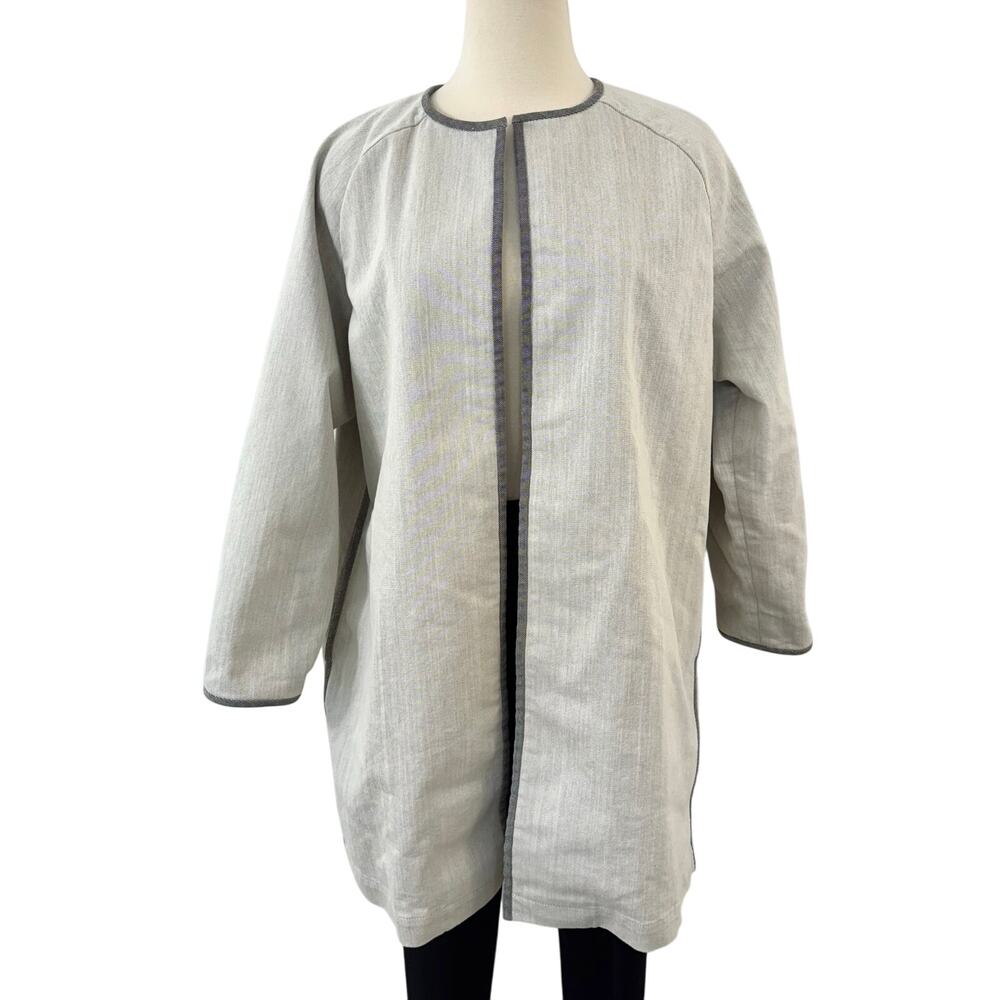 Lafayette 148 Duster Jacket Coat Cotton Open-Front Black/Cream L